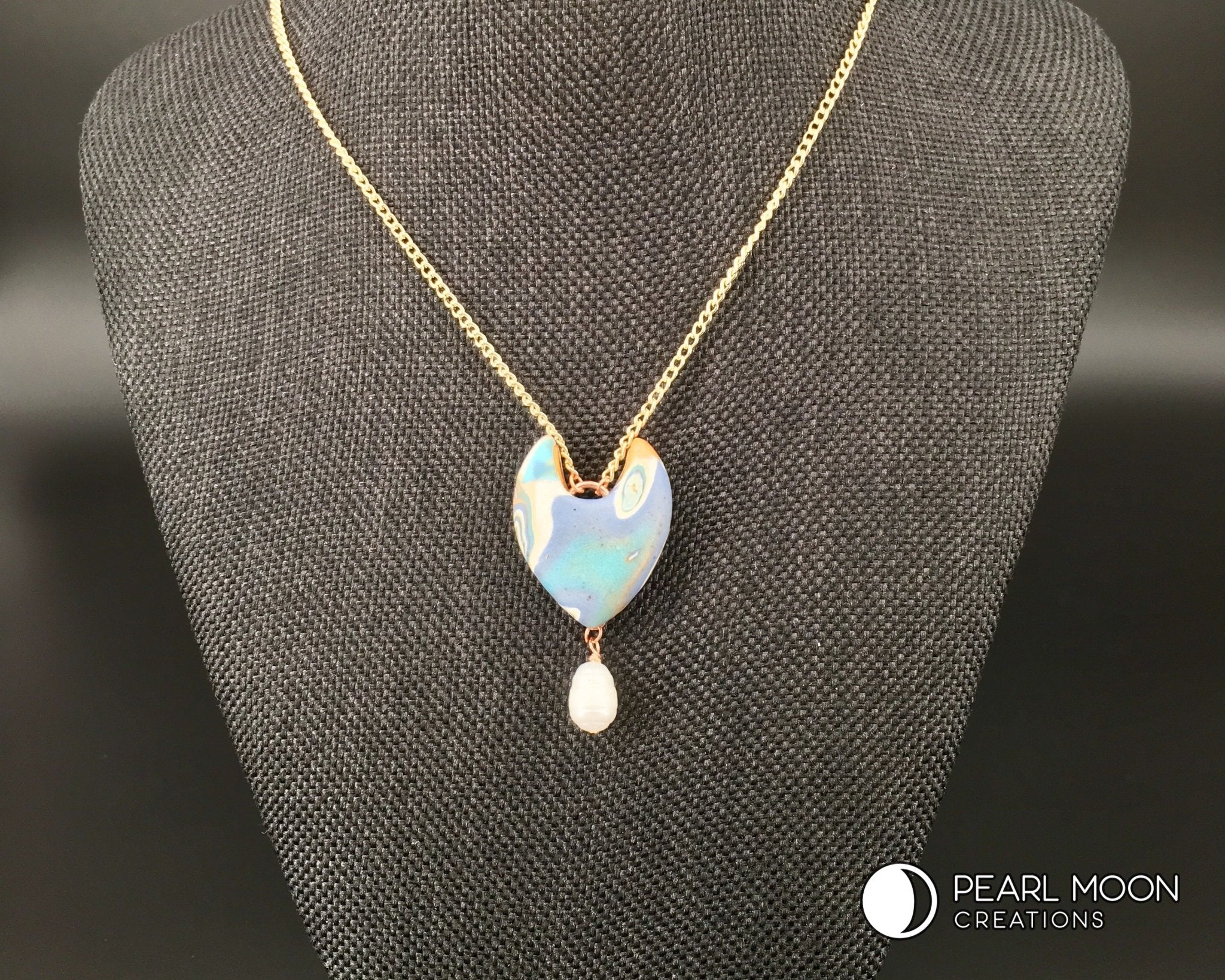 Abstract Blue Polymer Clay Pendant Necklace - Pearl Moon Creations