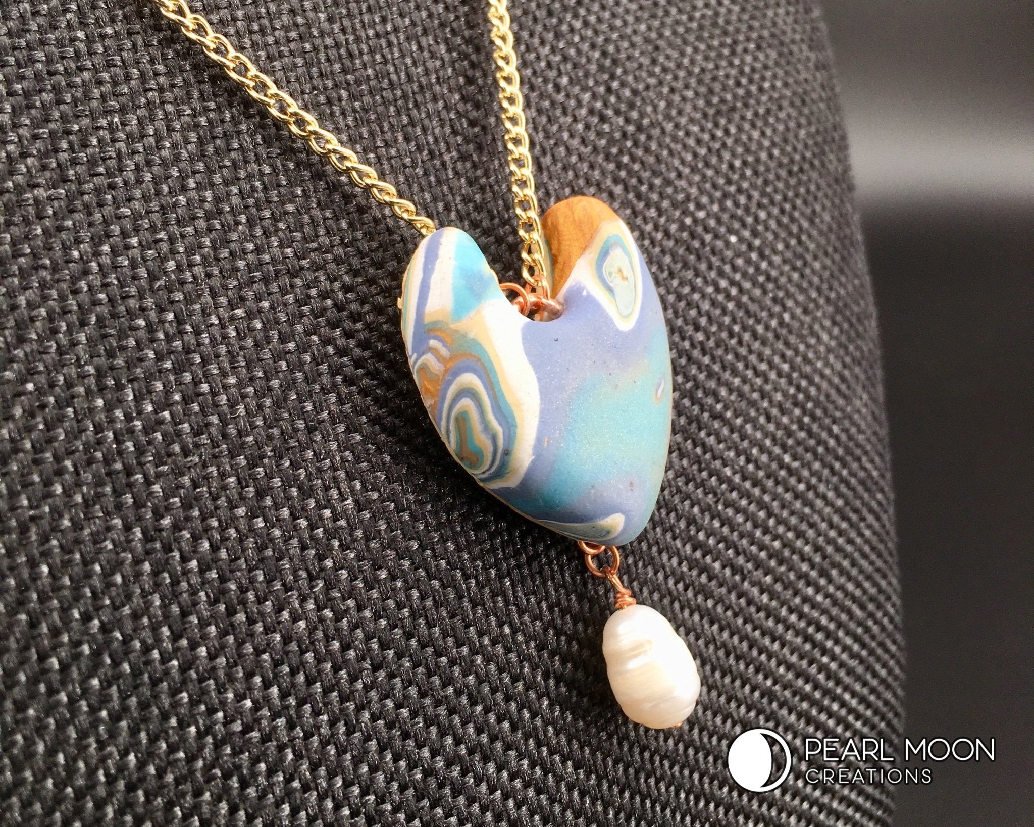 Abstract Blue Polymer Clay Pendant Necklace - Pearl Moon Creations