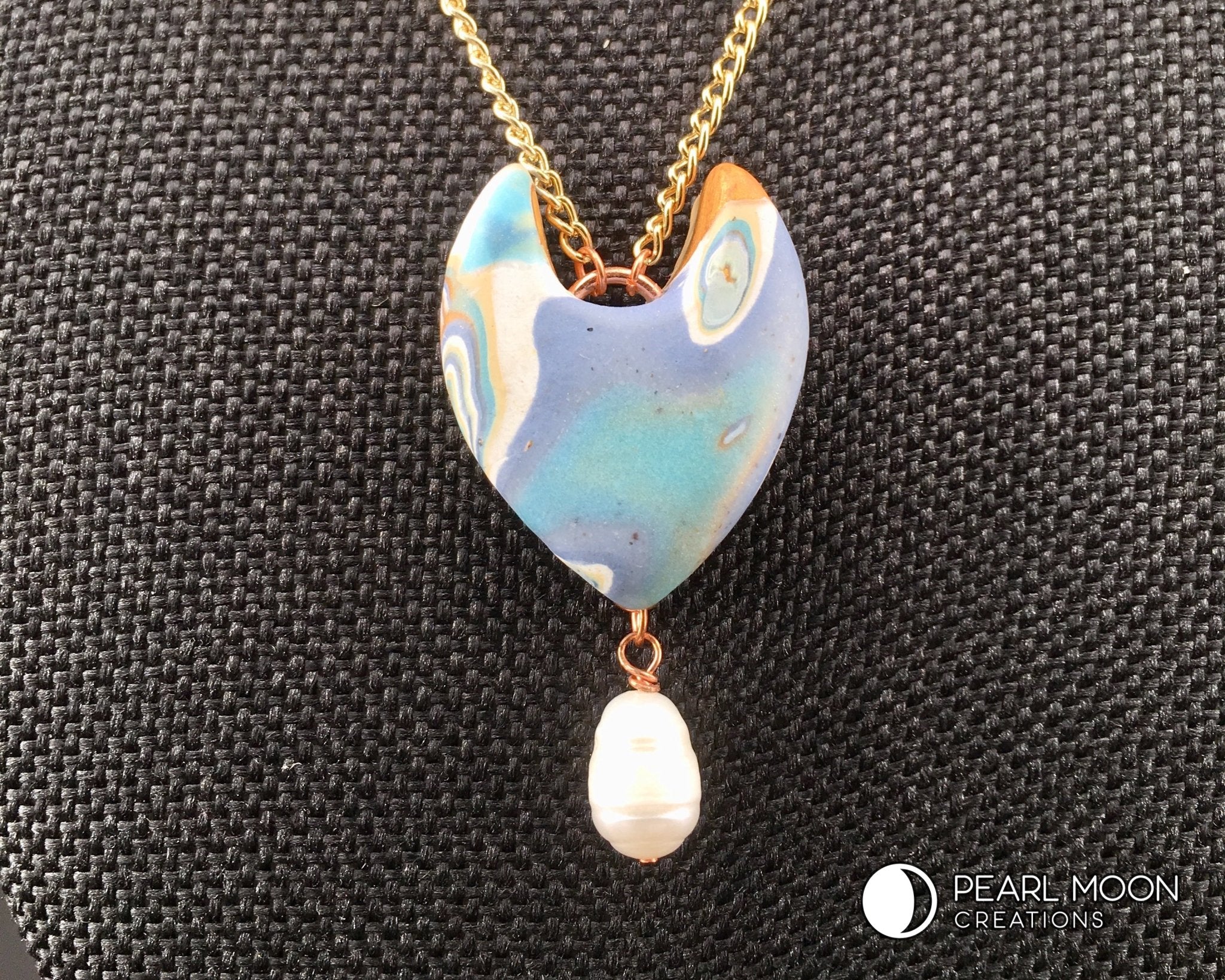 Abstract Blue Polymer Clay Pendant Necklace - Pearl Moon Creations