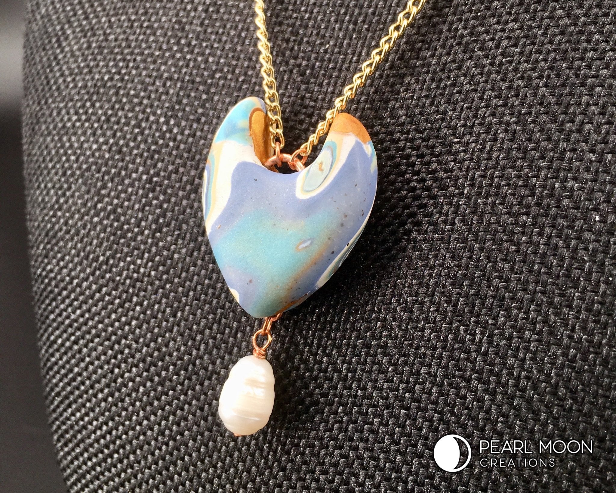 Abstract Blue Polymer Clay Pendant Necklace - Pearl Moon Creations