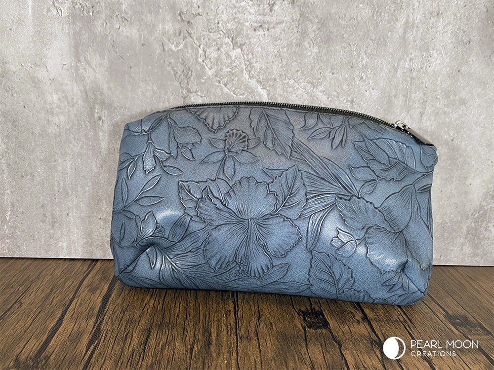 Blue Floral Embossed faux leather Clutch - Pearl Moon Creations