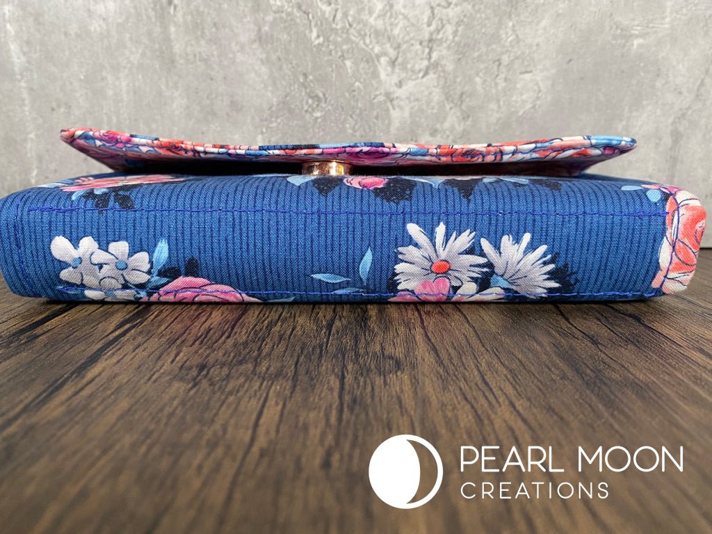 Coral and Pink Roses on Blue Clutch Wallet - Pearl Moon Creations