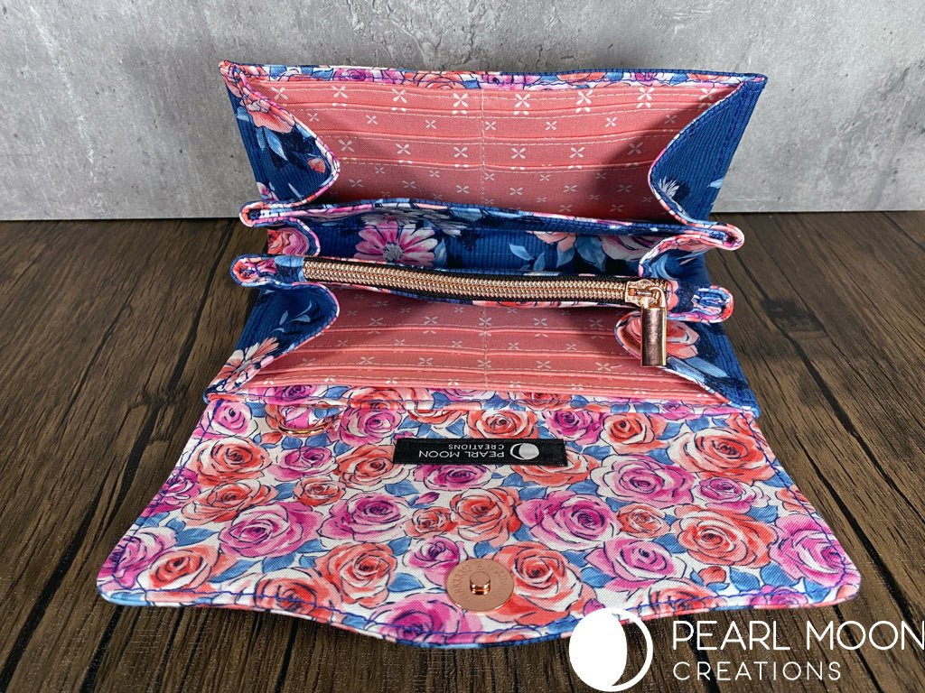 Coral and Pink Roses on Blue Clutch Wallet - Pearl Moon Creations