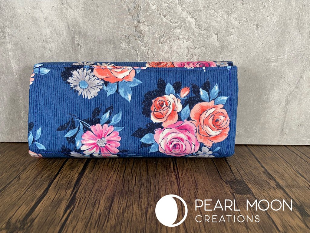 Coral and Pink Roses on Blue Clutch Wallet - Pearl Moon Creations