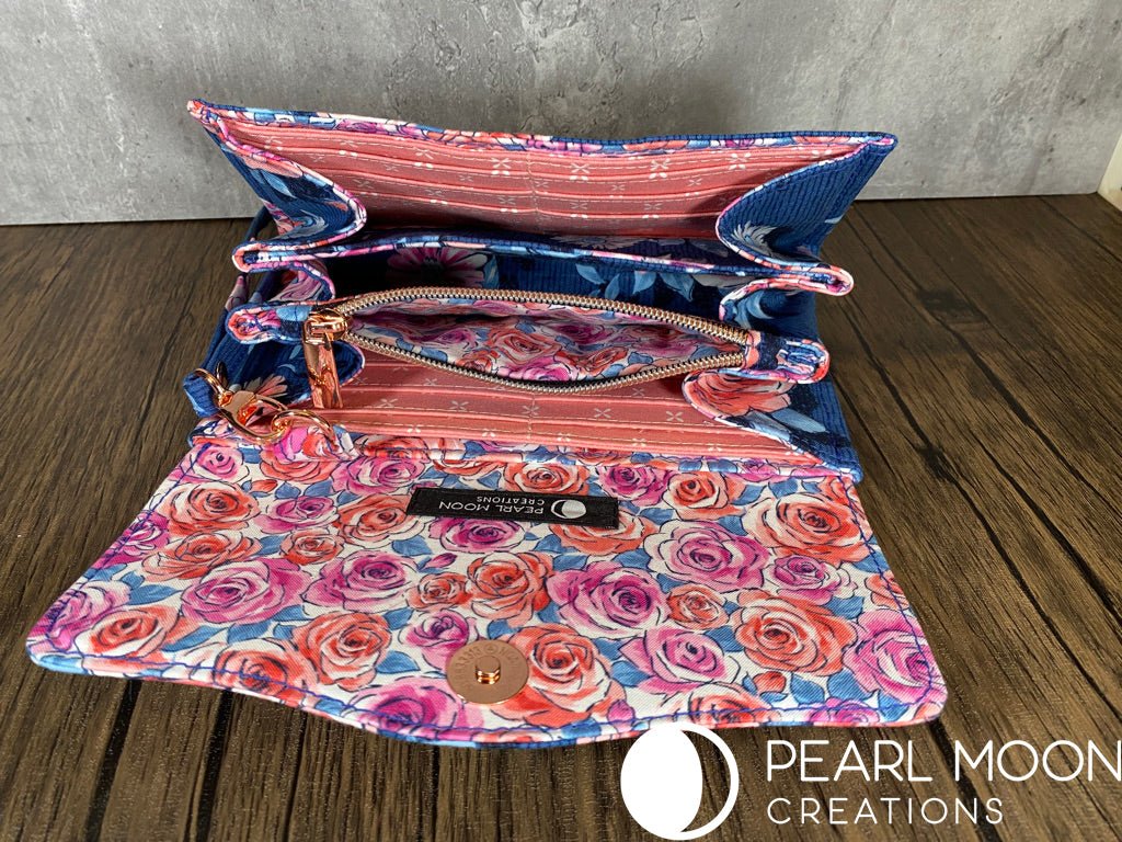 Coral and Pink Roses on Blue Clutch Wallet - Pearl Moon Creations