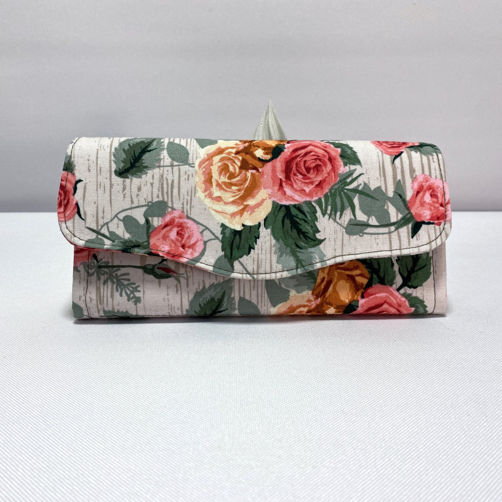 Coral Roses on White Wood Clutch Wallet - Pearl Moon Creations