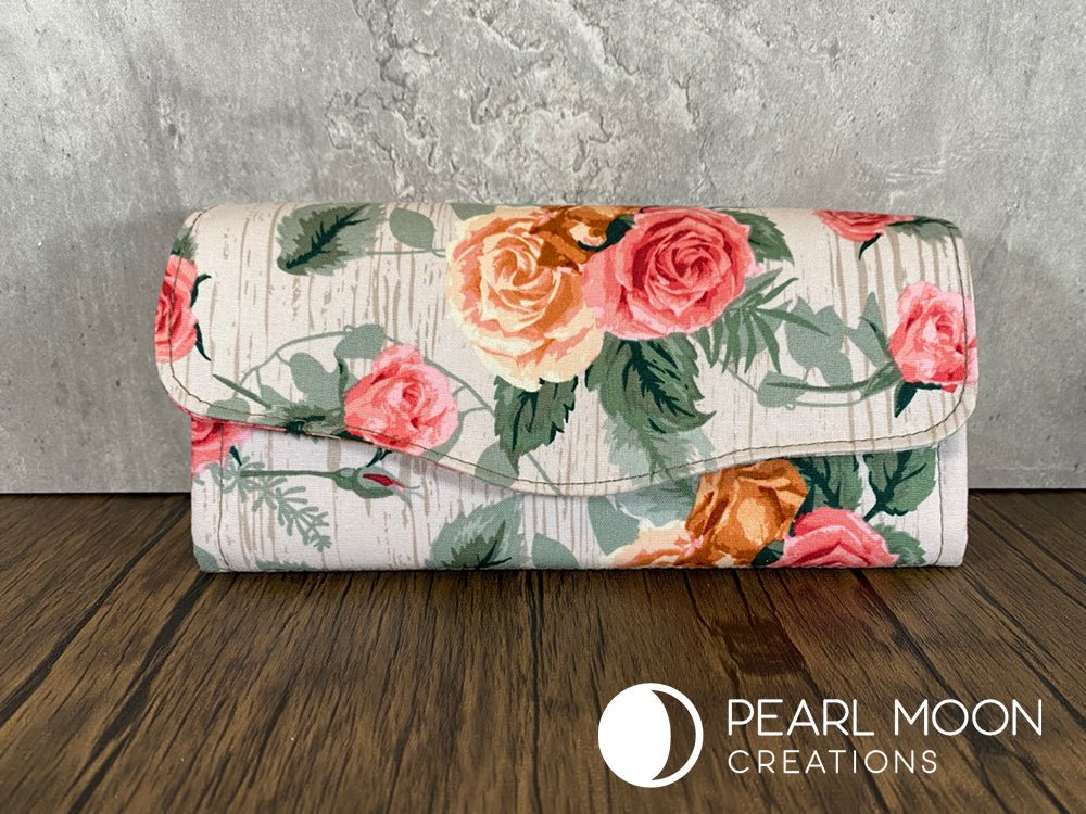 Coral Roses on White Wood Clutch Wallet - Pearl Moon Creations