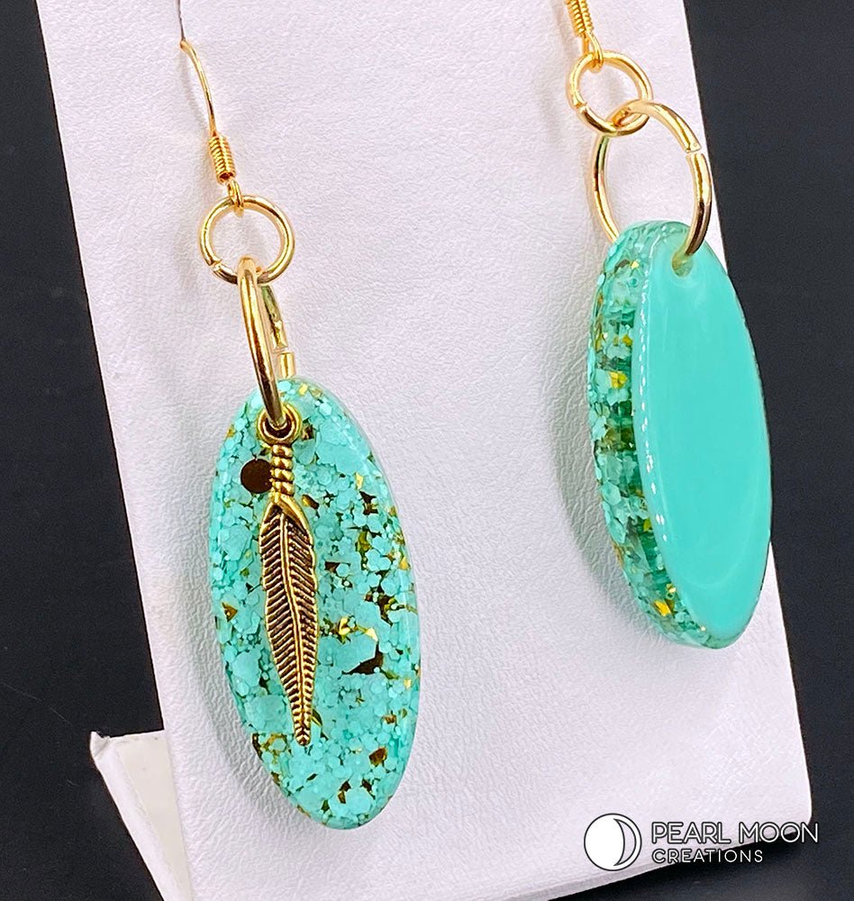 Mint Green and Gold Resin Earrings - Pearl Moon Creations
