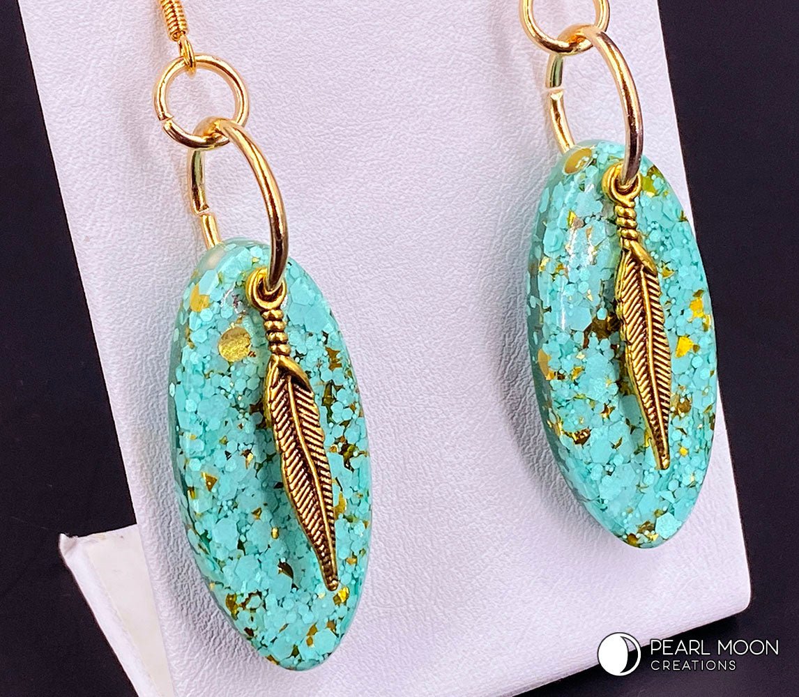 Mint Green and Gold Resin Earrings - Pearl Moon Creations