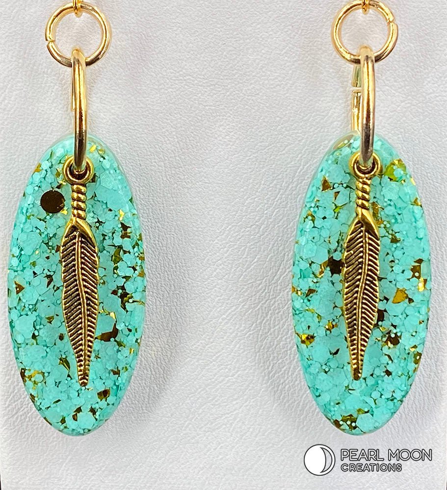 Mint Green and Gold Resin Earrings - Pearl Moon Creations