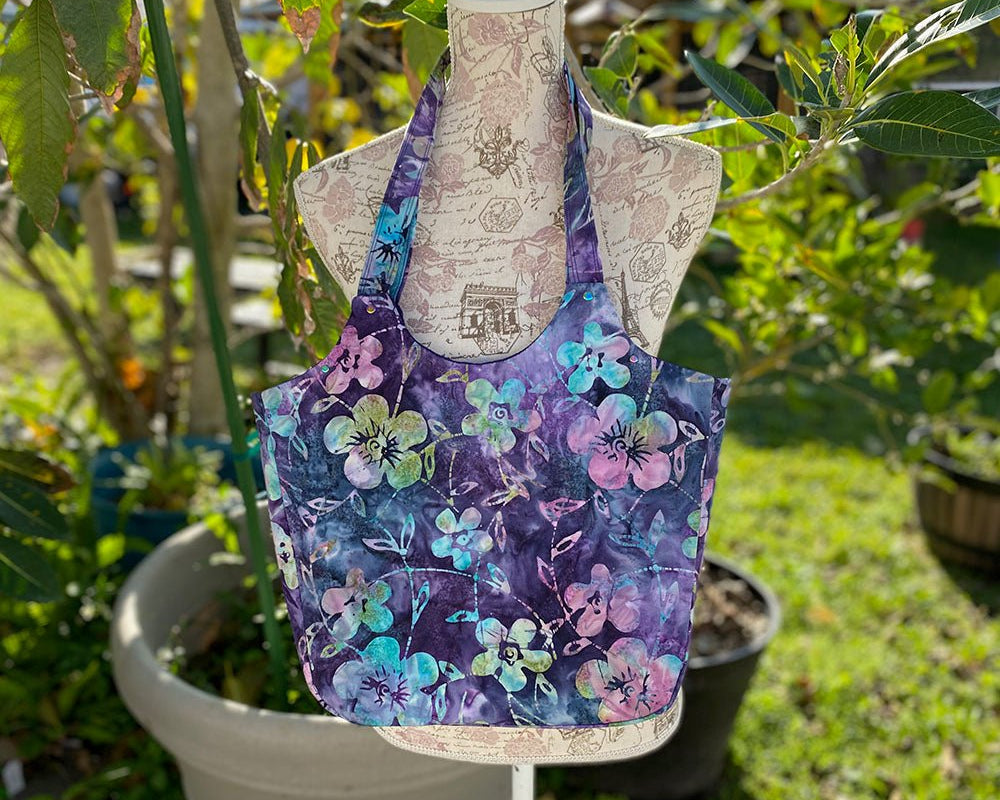 Purple Floral Batik Larkspur Shoulder Bag - MADE TO ORDER - Pearl Moon Creations