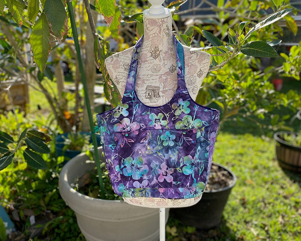 Purple Floral Batik Larkspur Shoulder Bag - MADE TO ORDER - Pearl Moon Creations