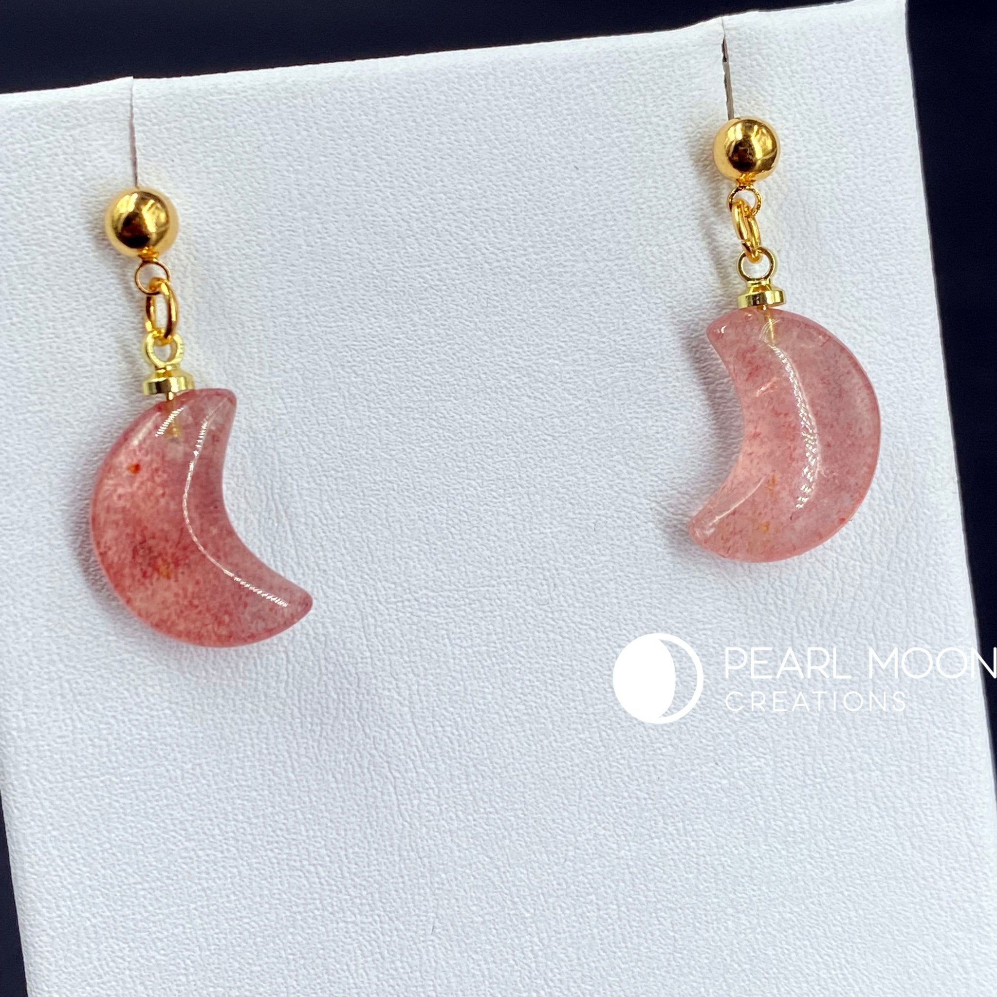 Strawberry Quartz Moon Earrings - Pearl Moon Creations