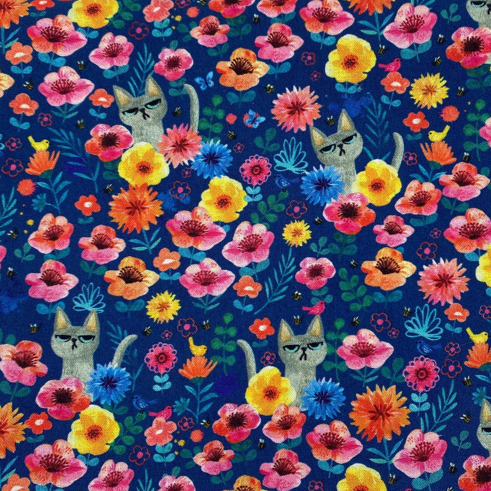 Angry Cat in Flowers Fabric - Pearl Moon Creations