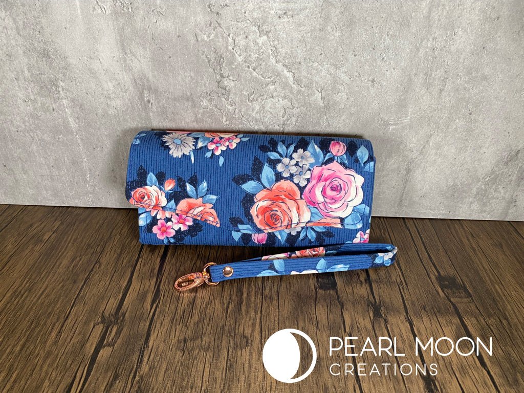 Coral and Pink Roses on Blue Clutch Wallet - Pearl Moon Creations
