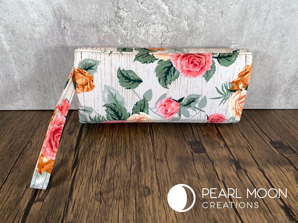 Coral Roses on White Wood Clutch Wallet - Pearl Moon Creations