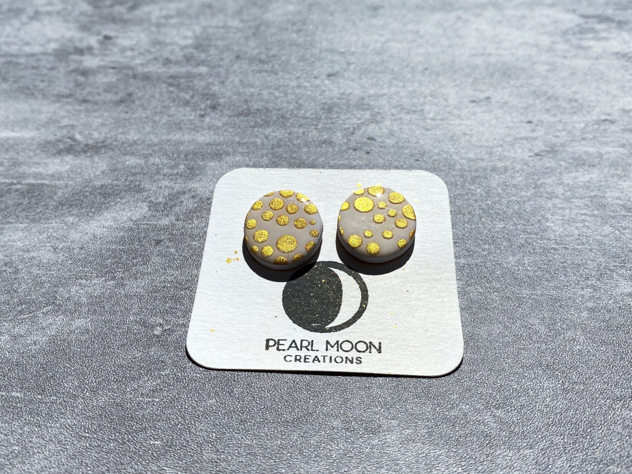 Round White and Gold Polka Dot Earrings - Pearl Moon Creations