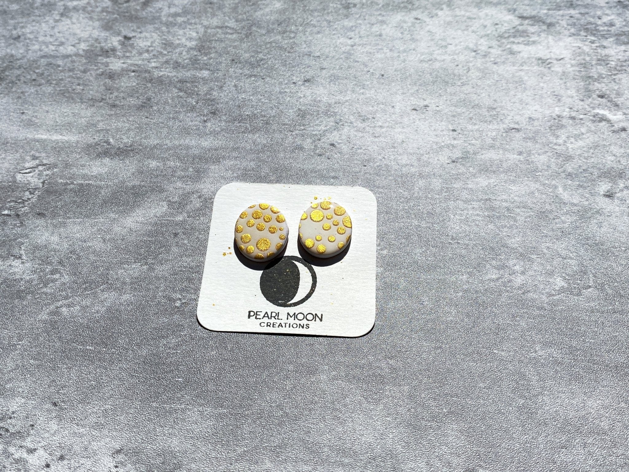 Round White and Gold Polka Dot Earrings - Pearl Moon Creations