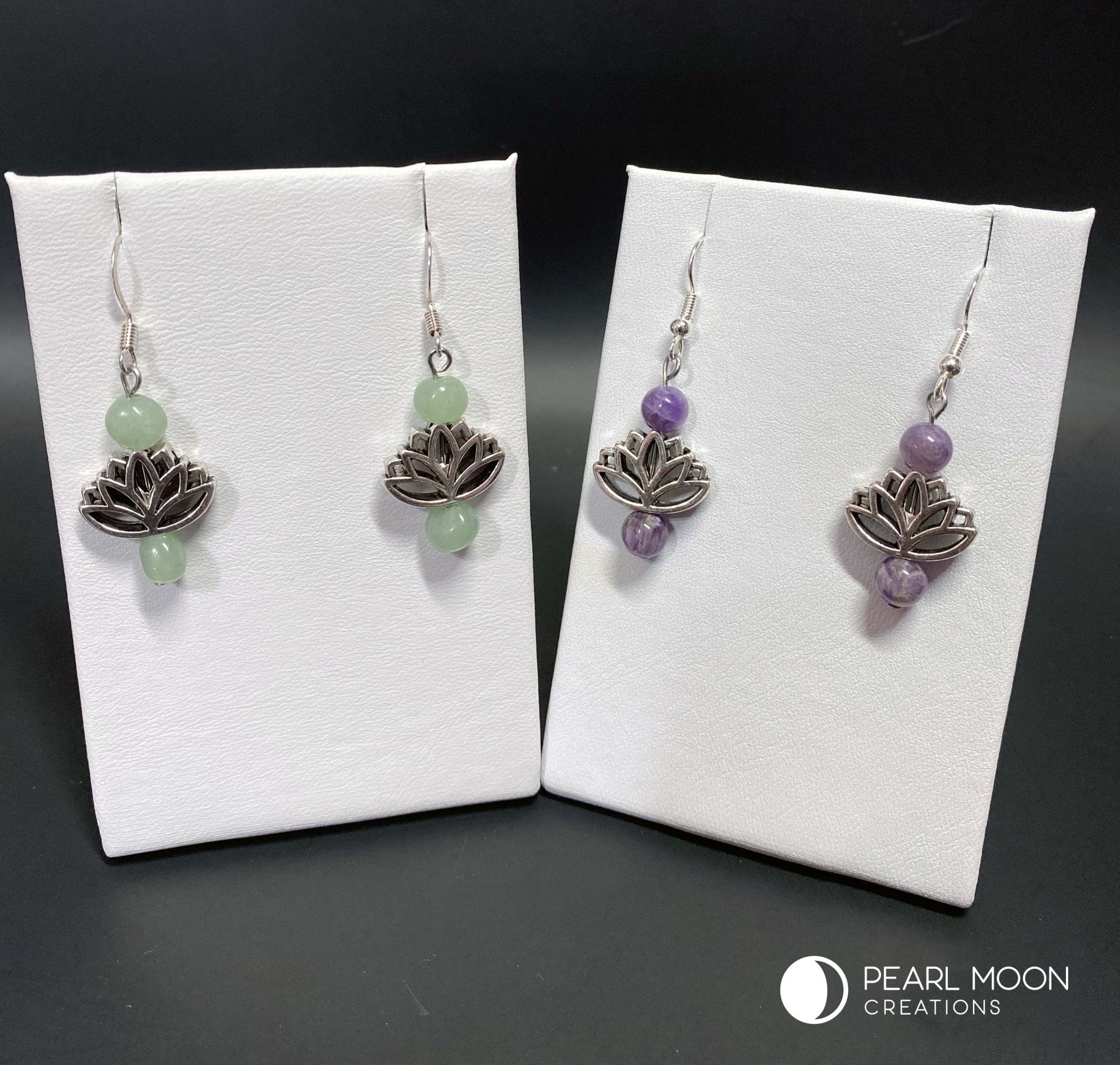 Silver Lotus Amethyst Aventurine Earrings - Pearl Moon Creations