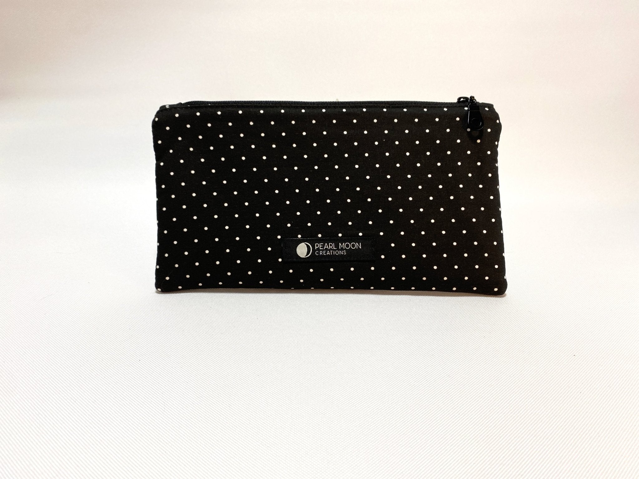 Zipper Pouch White Polka Dots on Black (Made to Order) - Pearl Moon Creations